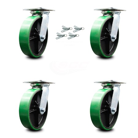 Service Caster 8 Inch Green Poly on Cast Iron Caster Set with Roller Bearings and Swivel Locks SCC-35S820-PUR-GB-BSL-4